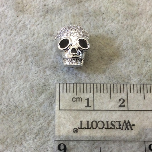 Silver Plated CZ Cubic Zirconia Inlaid Skull Mask/Ski Mask Shaped Bead With White CZ  -  ~ 9mm x 11mm,  - Sold Individually, Random