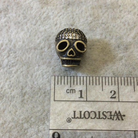 Bronze Plated CZ Cubic Zirconia Inlaid Skull Mask/Ski Mask Shaped Bead With White CZ  -  ~ 9mm x 11mm,  - Sold Individually, Random