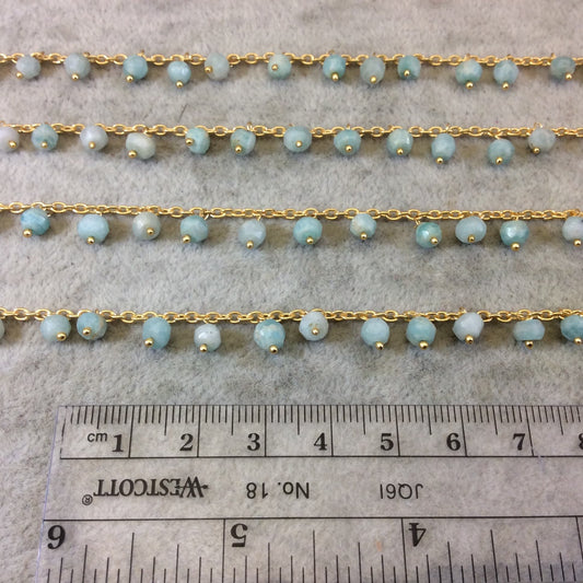 Gold Plated Copper Spaced Single Dangle Wrapped Chain with 3-4mm Blue Amazonite Rondelle Dangles - Sold by 1 Foot Length! (SD021-GD)