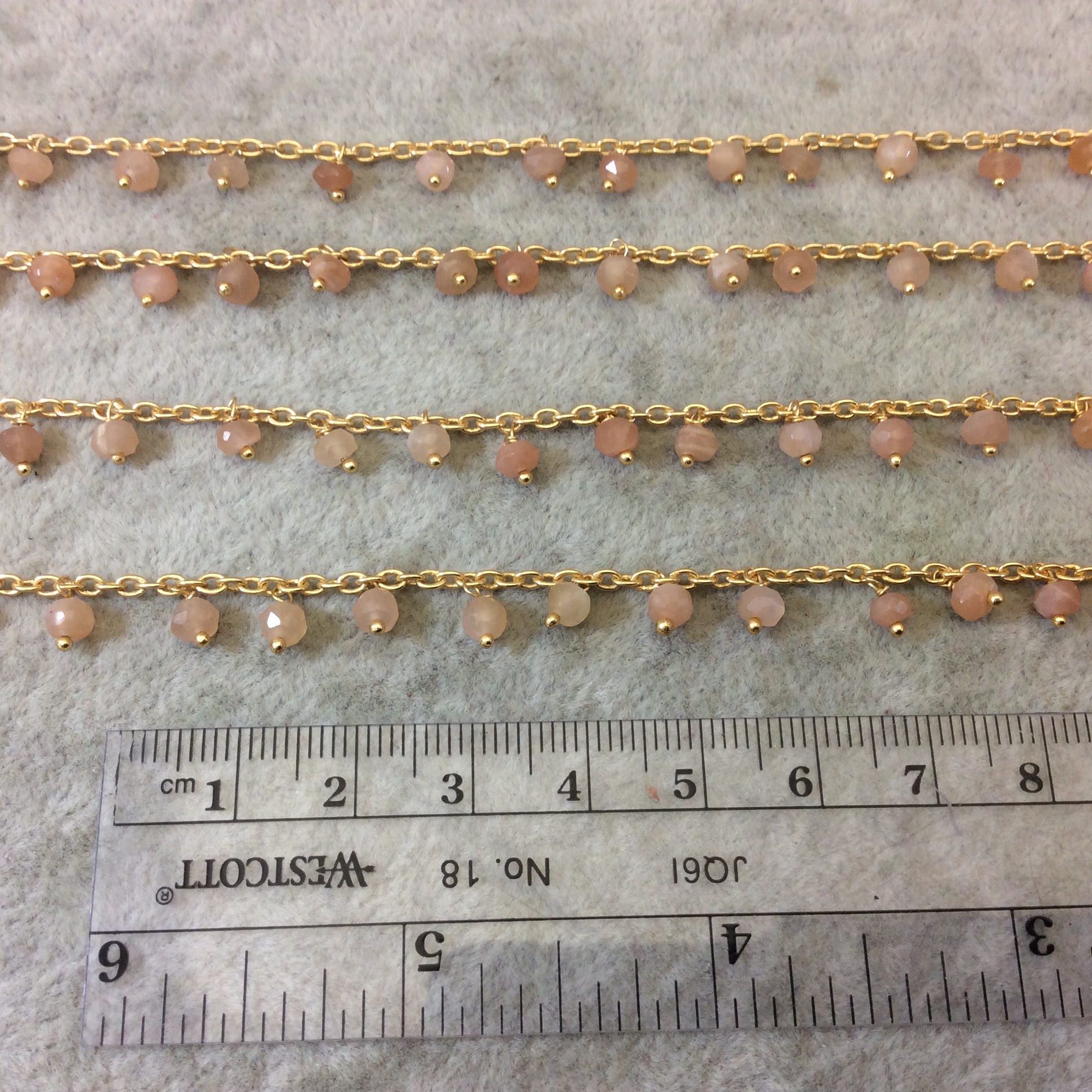 Gold Plated Copper Spaced Single Dangle Wrapped Chain with 3-4mm Peach Moonstone Rondelle Dangles - Sold by 1 Foot Length! (SD020-GD)
