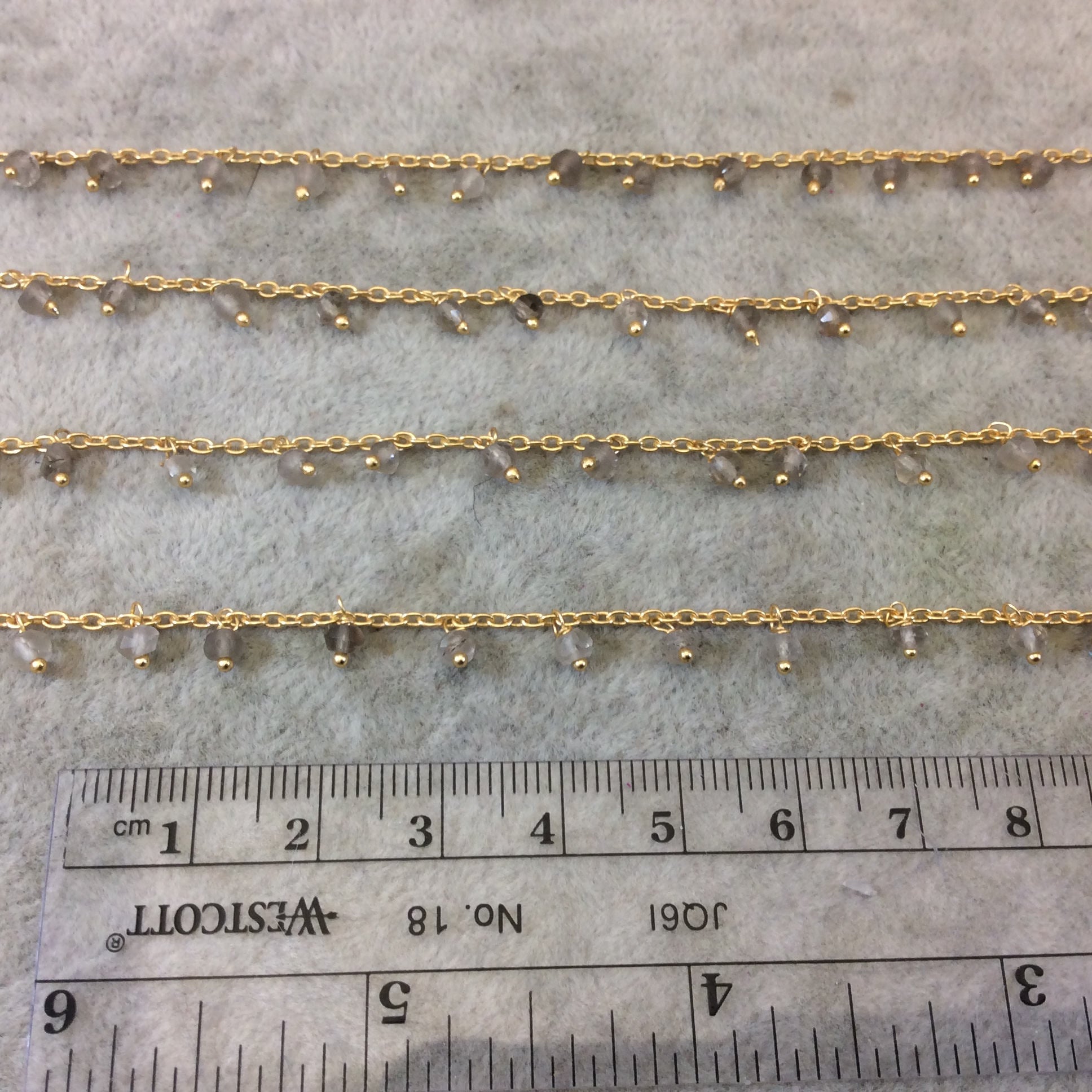 Gold Plated Copper Spaced Single Dangle Wrapped Chain with 3-4mm Smoky Quartz Rondelle Dangles - Sold by 1 Foot Length! (SD016-GD)