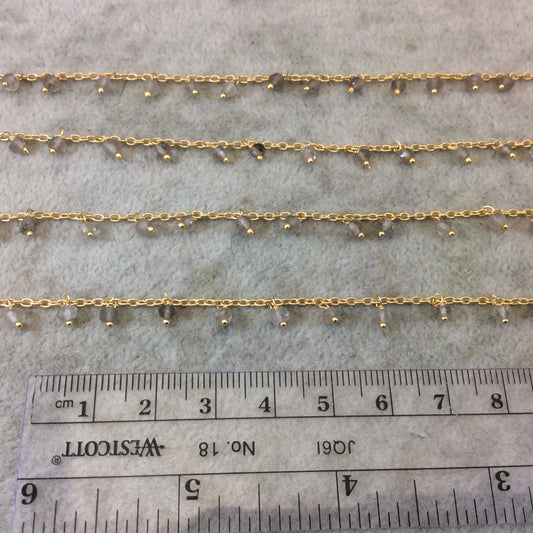 Gold Plated Copper Spaced Single Dangle Wrapped Chain with 3-4mm Smoky Quartz Rondelle Dangles - Sold by 1 Foot Length! (SD016-GD)