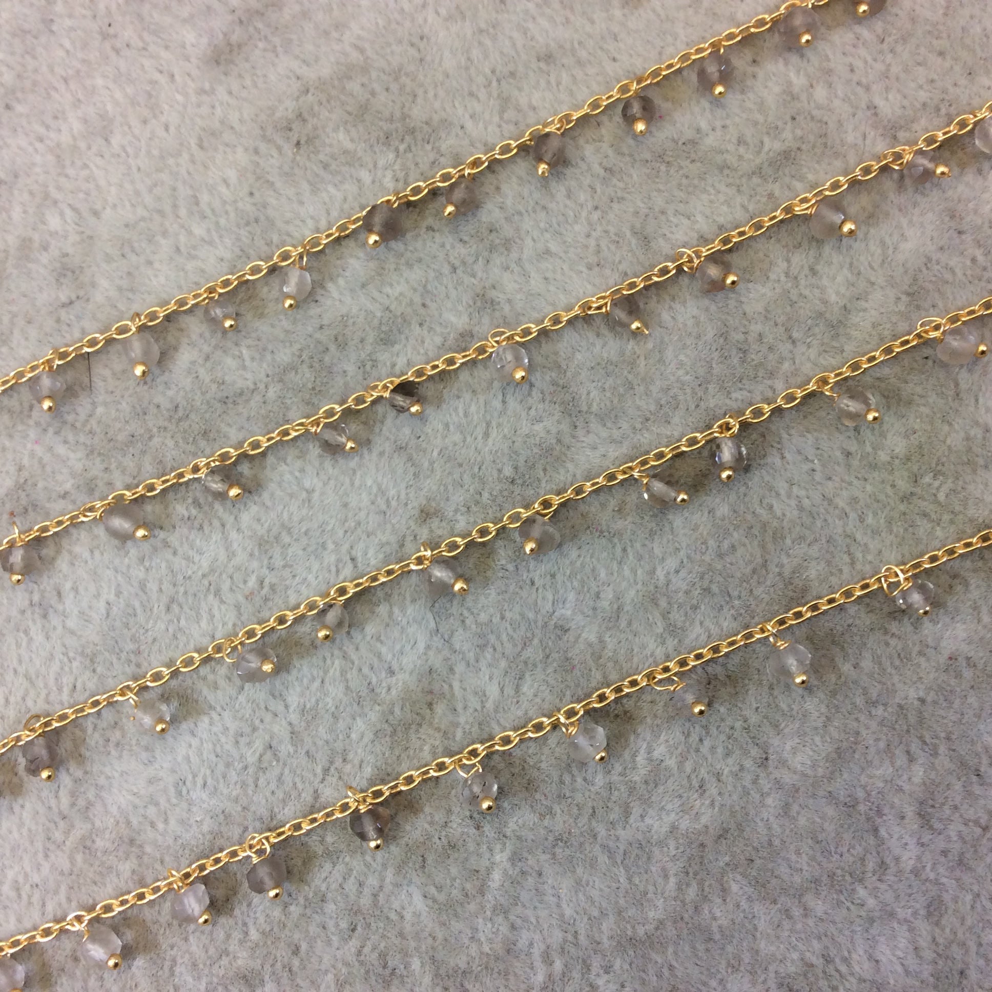 Gold Plated Copper Spaced Single Dangle Wrapped Chain with 3-4mm Smoky Quartz Rondelle Dangles - Sold by 1 Foot Length! (SD016-GD)