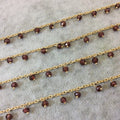 Gold Plated Copper Spaced Single Dangle Wrapped Chain with 3-4mm Natural Garnet Rondelle Dangles - Sold by 1 Foot Length! (SD017-GD)