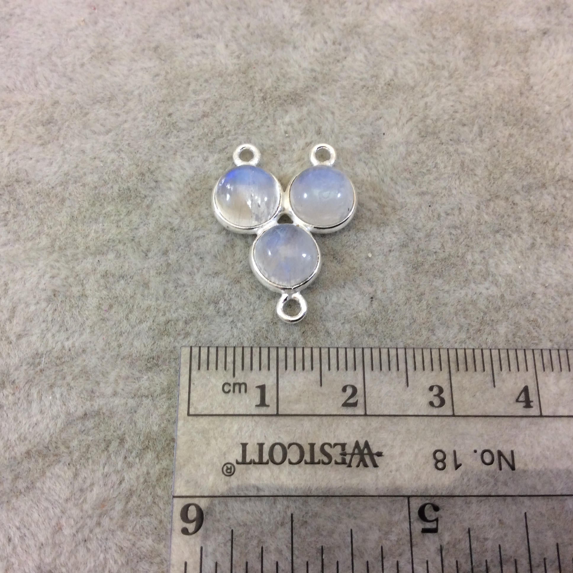 18mm x 18mm Silver Finish Smooth Natural Rainbow Moonstone 3 Stone (8mm) Trillion Shape Plated Copper Bezel 3 Ring Connector- Sold  Indiv