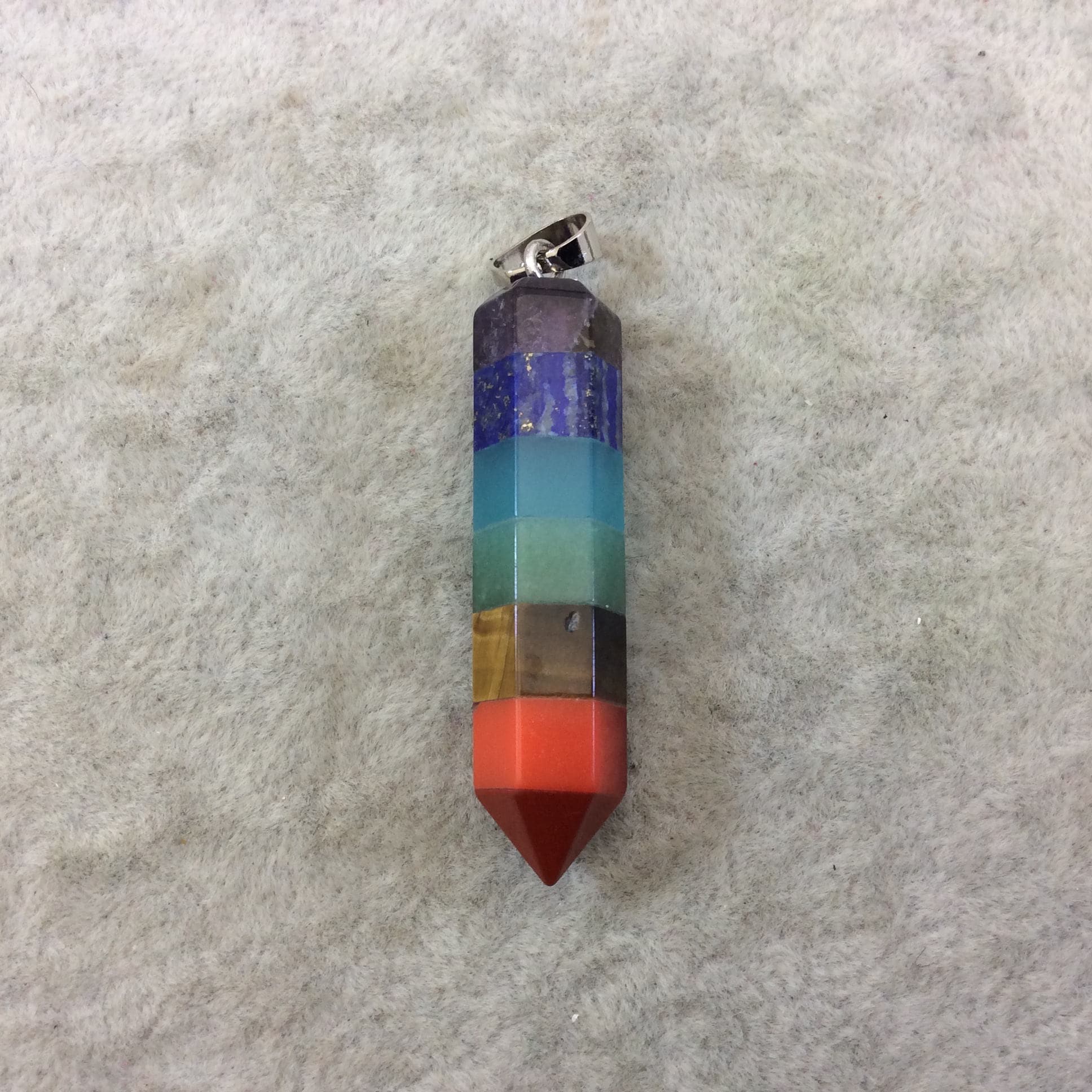 Mixed Chakra Gemstone Faceted Crayon/Point Pendant W Silver Finish Ring/Bail - Measures 12mm x 42mm, Approx. - Sold Individually, Random