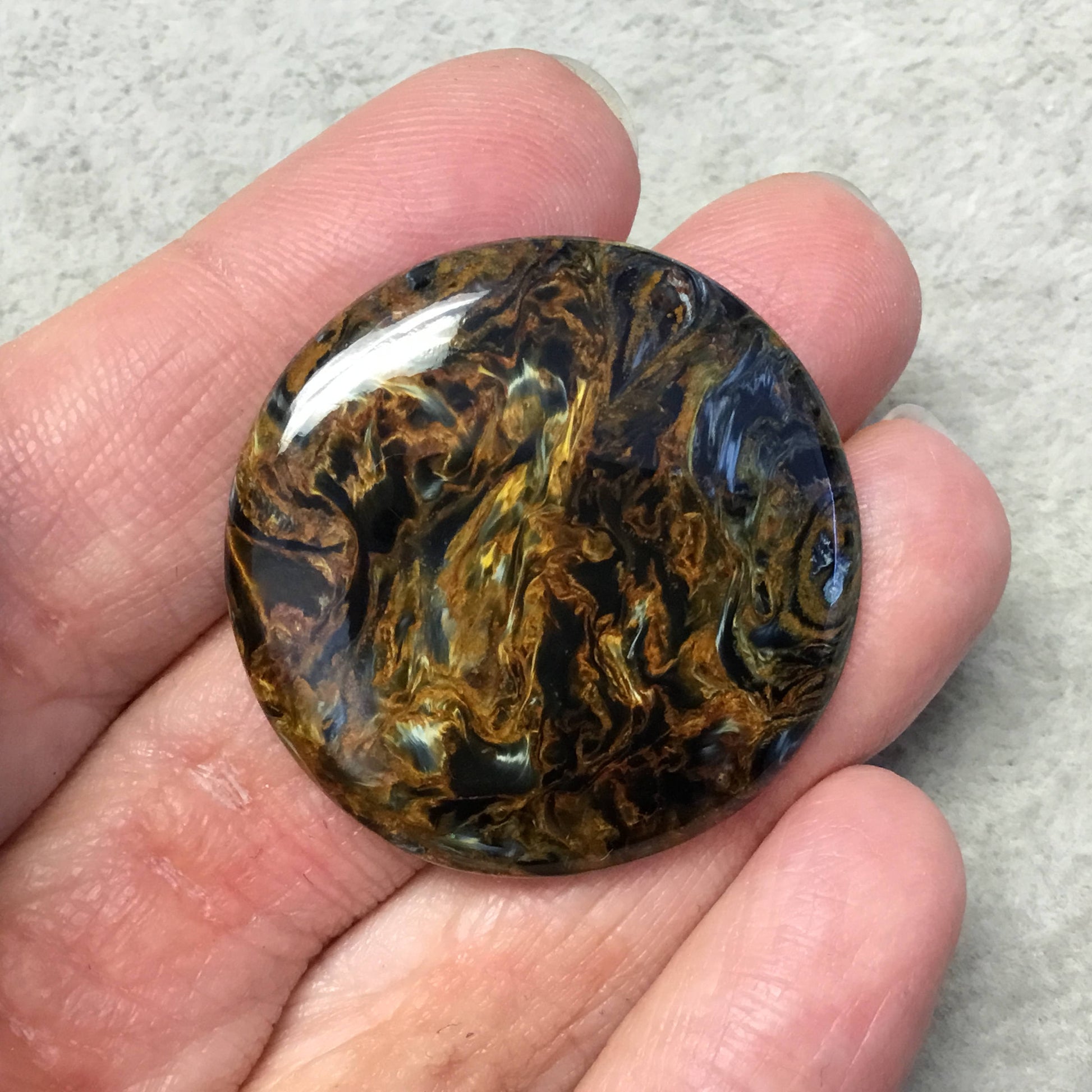 OOAK Natural Namibian Pietersite Round/Coin Shaped Flat Back Cabochon "1"- Measuring 35mm Dia., 5mm Dome Height - High Quality Gemstone