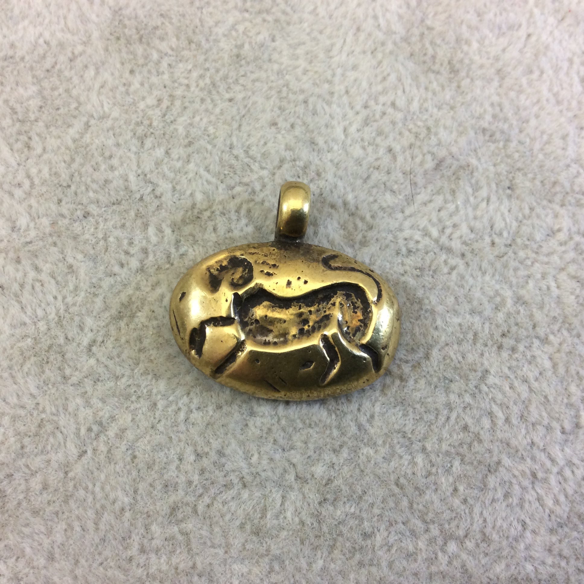 16mm x 24mm Oxidized Gold Plated Rustic Cast Running Dog Icon Copper Oval Shaped Pendant w/ Attached Ring  - Sold Individually (K-74)