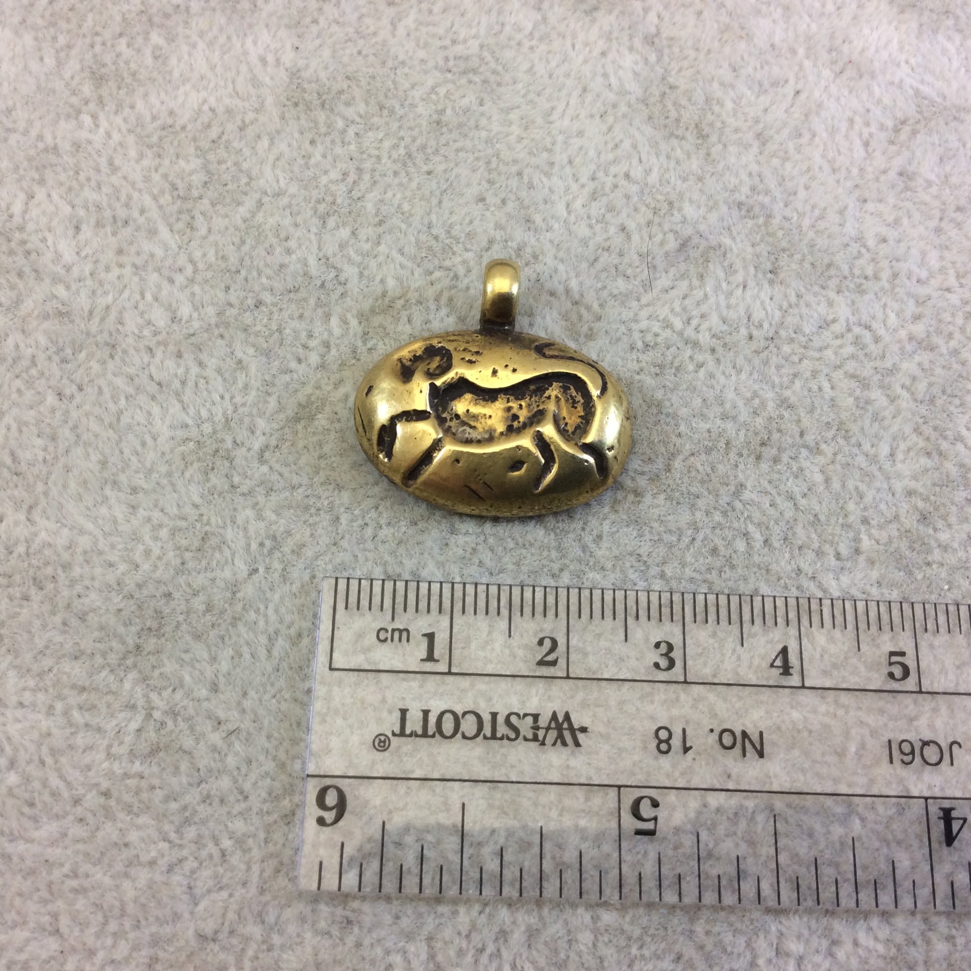 16mm x 24mm Oxidized Gold Plated Rustic Cast Running Dog Icon Copper Oval Shaped Pendant w/ Attached Ring  - Sold Individually (K-74)