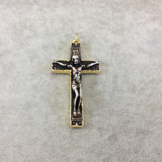 2.5" Gold Electroplated Brown/White Crucifix Cross Shaped Lightweight Resin Pendant  - Measuring ~ 40mm x 70mm - Sold Individually