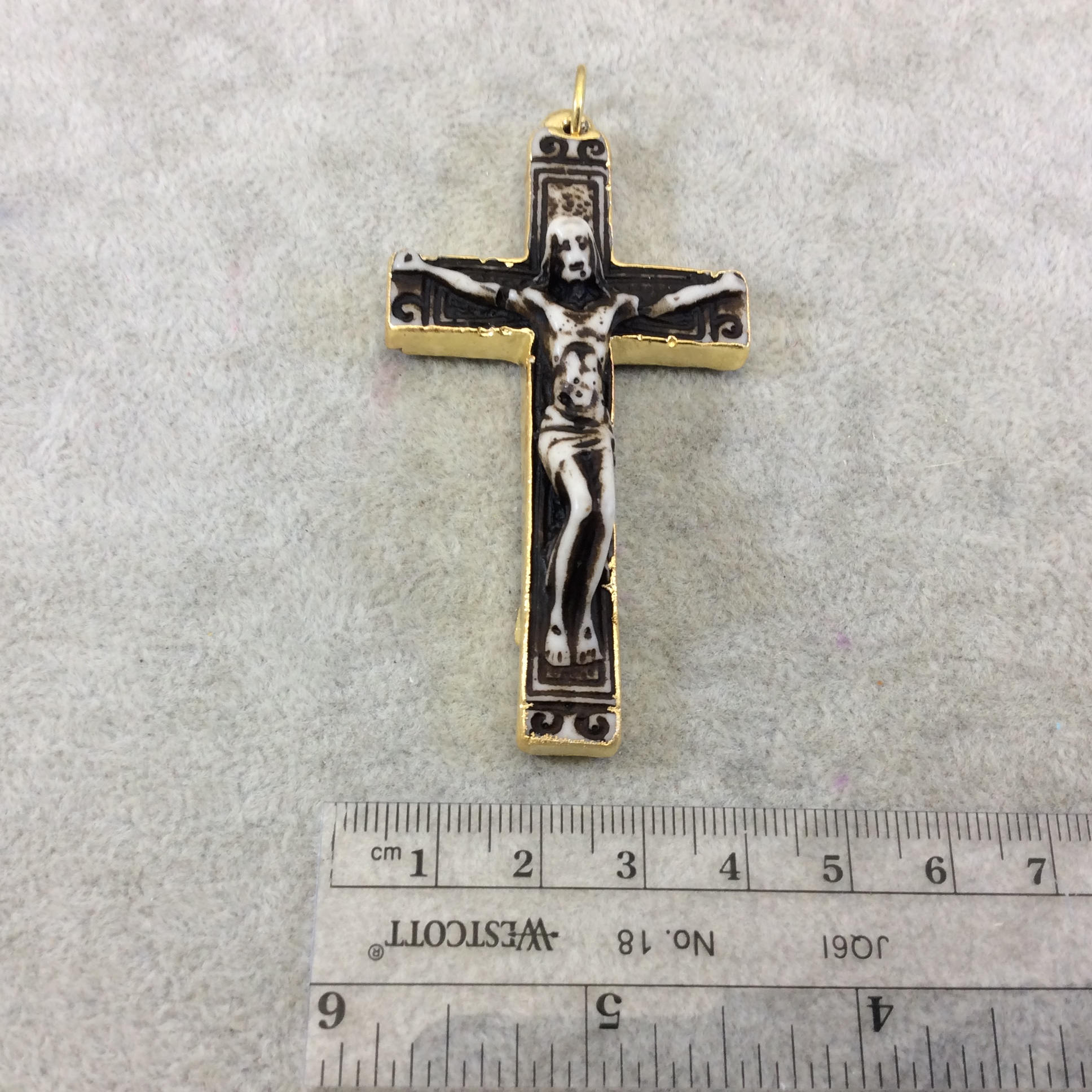 2.5" Gold Electroplated Brown/White Crucifix Cross Shaped Lightweight Resin Pendant  - Measuring ~ 40mm x 70mm - Sold Individually