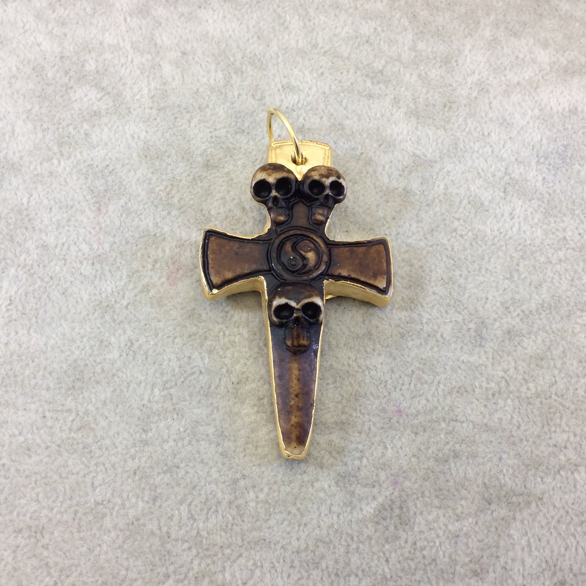 2.5" Gold Electroplated Brown/White Three Skull Cross Shaped Lightweight Resin Pendant  - Measuring ~ 40mm x 65mm - Sold Individually