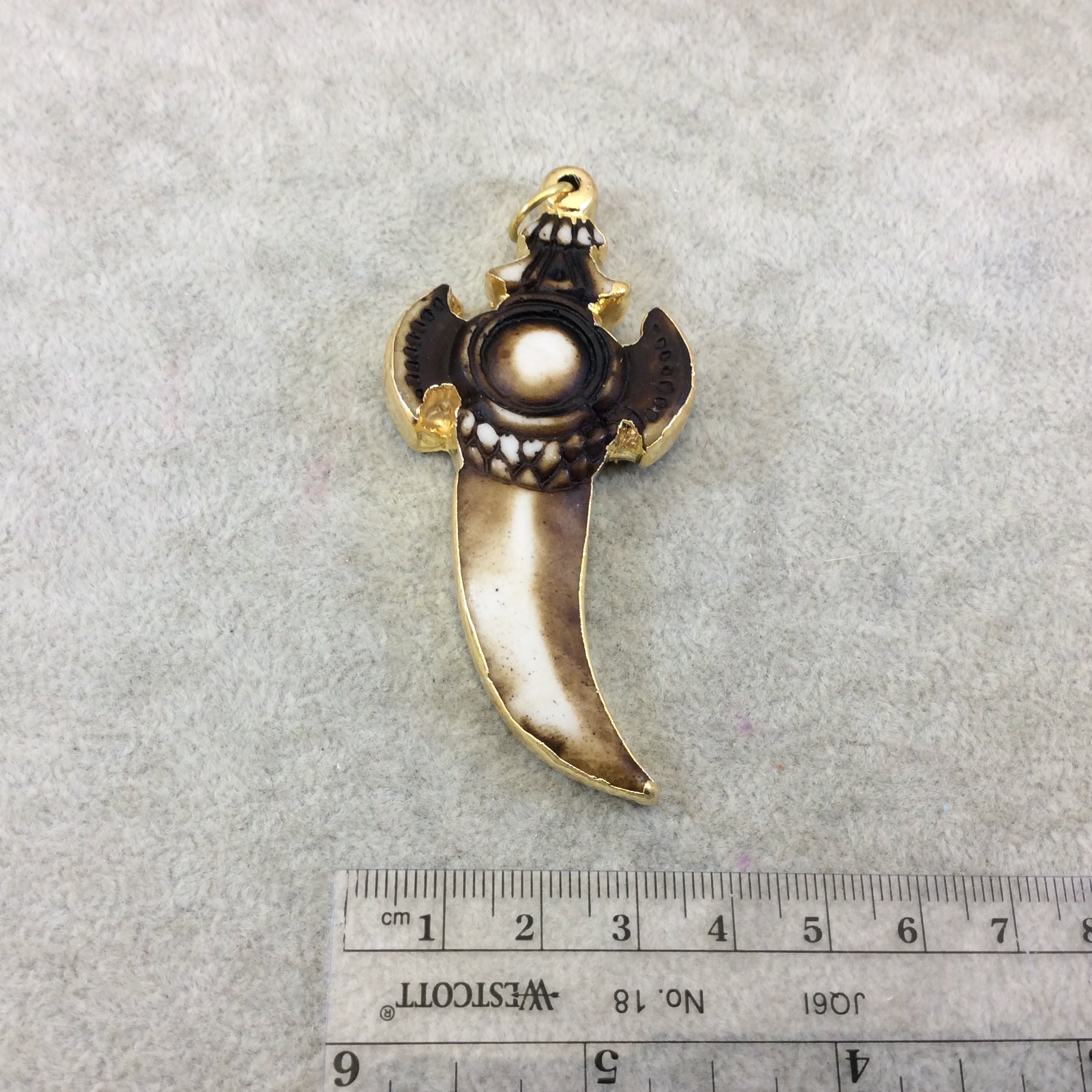 2.5" Gold Electroplated Brown/White Ornate Dagger Shaped Lightweight Resin Pendant  - Measuring ~ 40mm x 70mm - Sold Individually