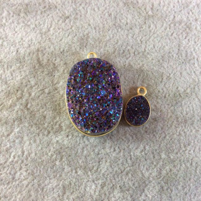 Jeweler's Lot Gold Finish Purple Oval/Oblong Shaped Natural Druzy Agate Bezel Pendants DOP3  ~ 11mm - 26mm Long - Sold In Lot Of 2 As Shown