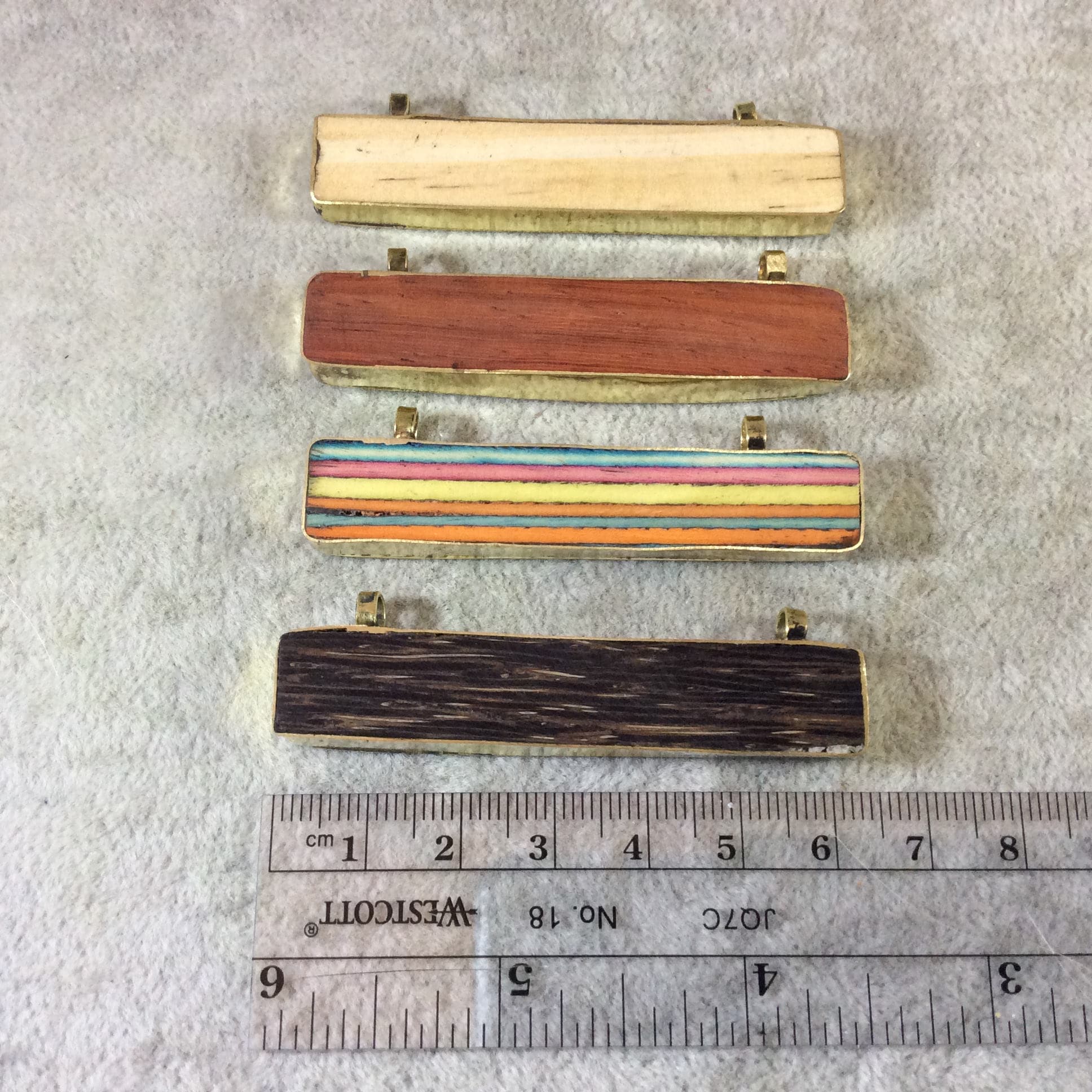 Multi  Stripe Natural wood Horizontal Rectangle/Bar Shaped Carved  Focal Pendant - ~ 61mm x 12mm Approximately  - Sold Individually