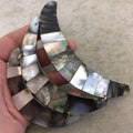 5.5" Three Piece Gold Finish Silver Abalone Shell Inlaid End Drilled Crescent-Shaped Bib Focal Pendant - ~ 135mm x 110mm - Sold Per Set