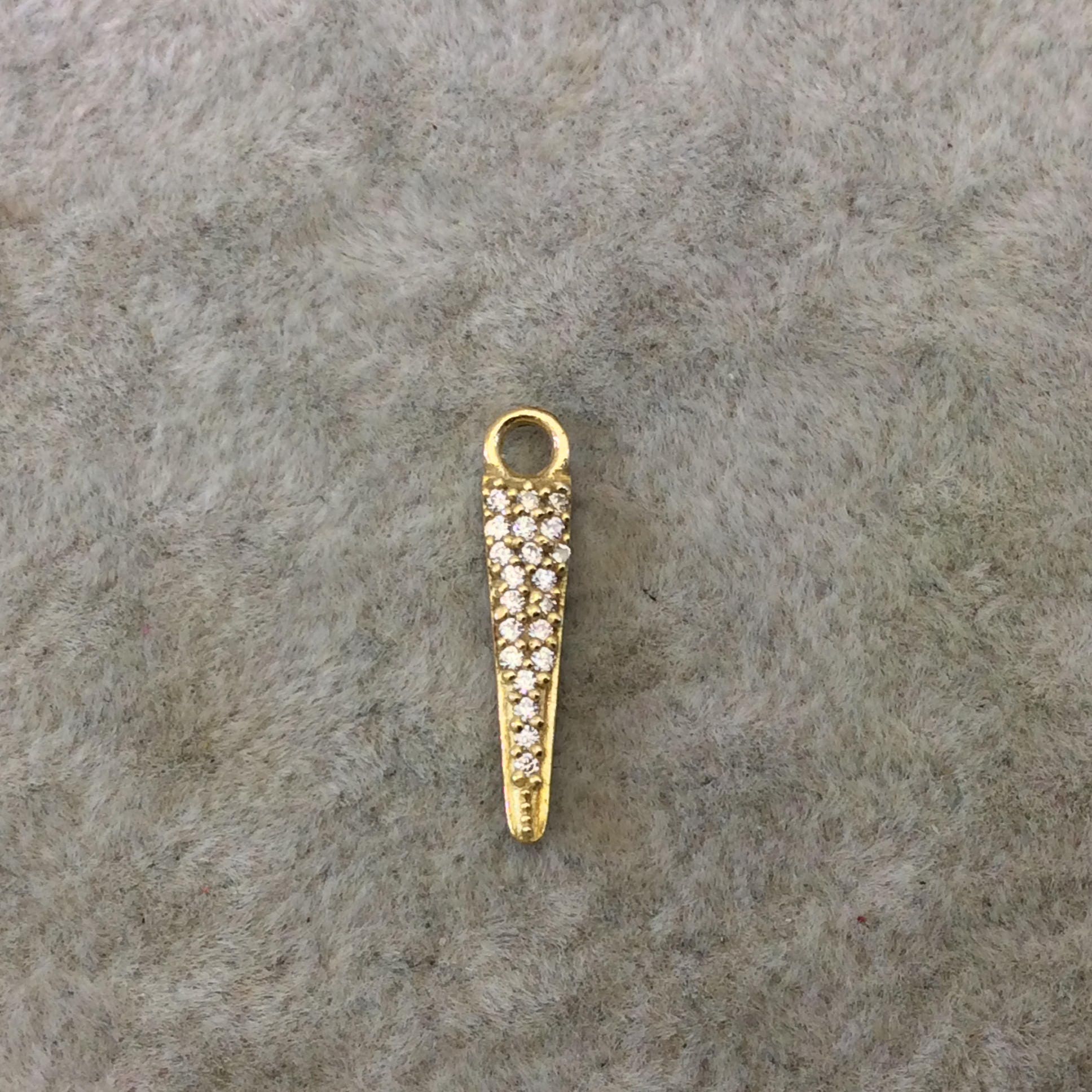 Tiny Gold Finish Spike/Arrow Shaped CZ Cubic Zirconia Inlaid Plated Copper Pendant Component - Measuring 3mm x 15mm  - Sold Individually