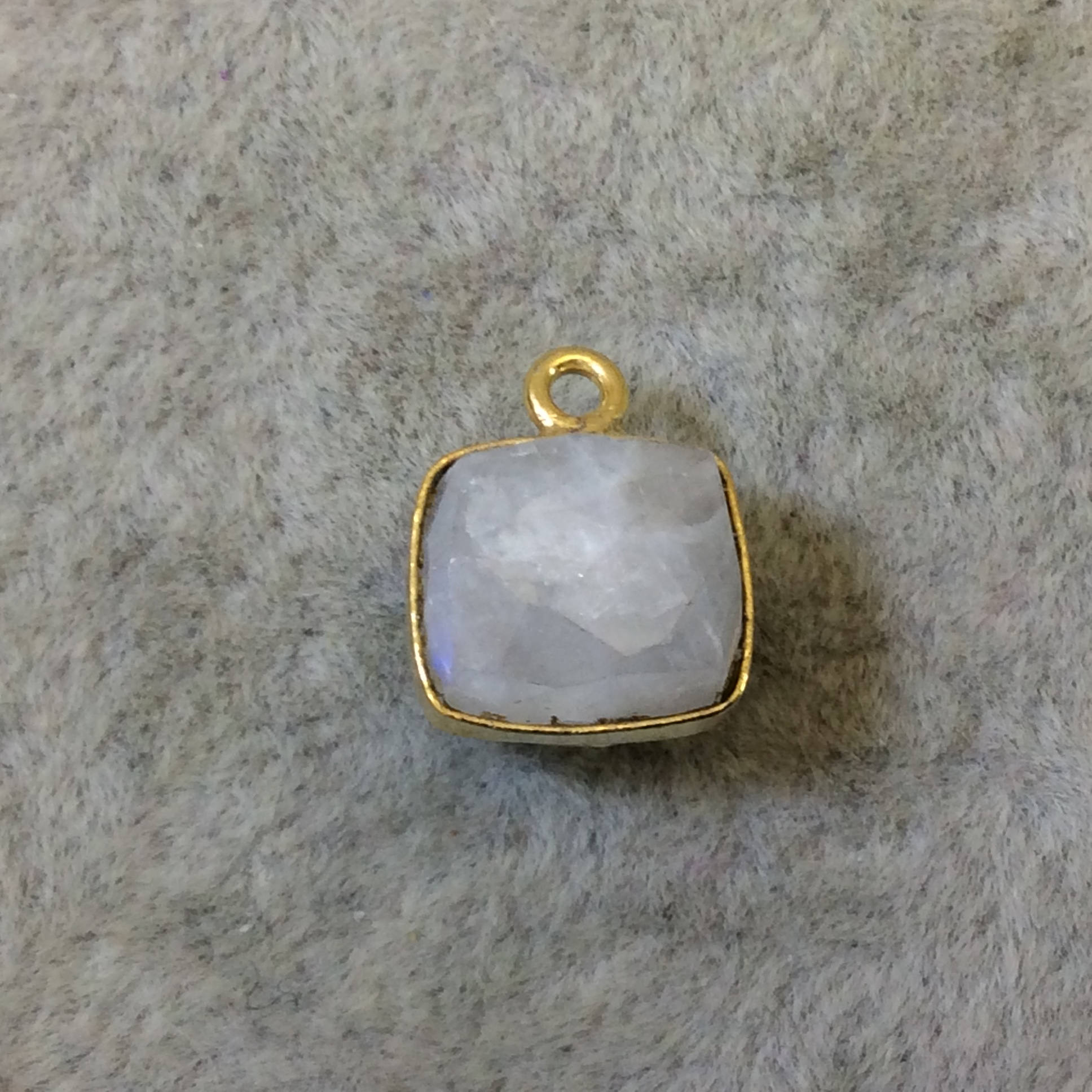Gold Finish Faceted Rainbow Moonstone Cube/Square Shape Plated Copper Bezel Pendant - ~ 7-8mm - Natural Gemstone - Sold Individually