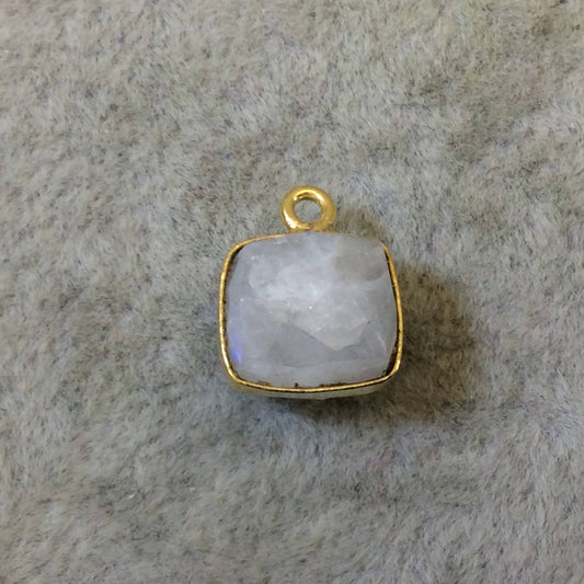 Gold Finish Faceted Rainbow Moonstone Cube/Square Shape Plated Copper Bezel Pendant - ~ 7-8mm - Natural Gemstone - Sold Individually