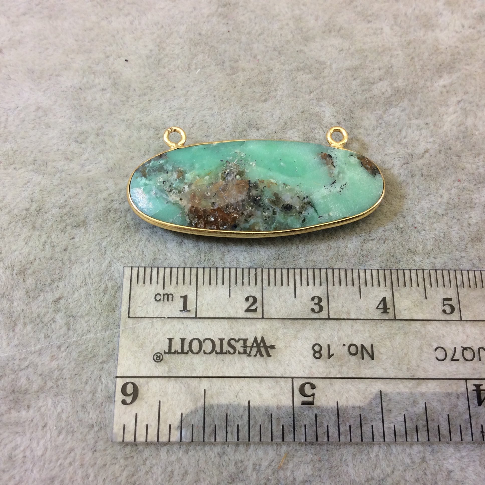 Gold Plated Natural Green Chrysoprase Faceted Oval Shaped Copper Bezel Pendant W 2 Rings - Measures 15mm x 40mm - Sold Individually, Random
