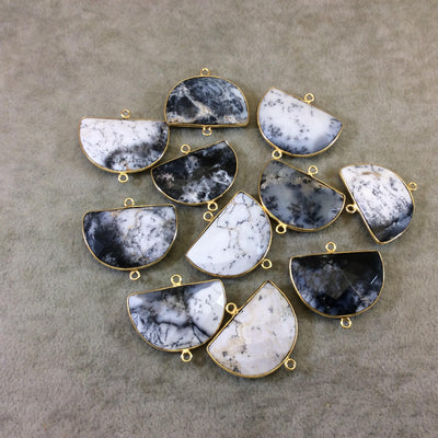 Gold Plated Faceted Gray/White Dendritic Opal Half Moon Shaped Bezel Connector - ~ 20mmx30mm - Natural Gemstone Sold Per Each, Random