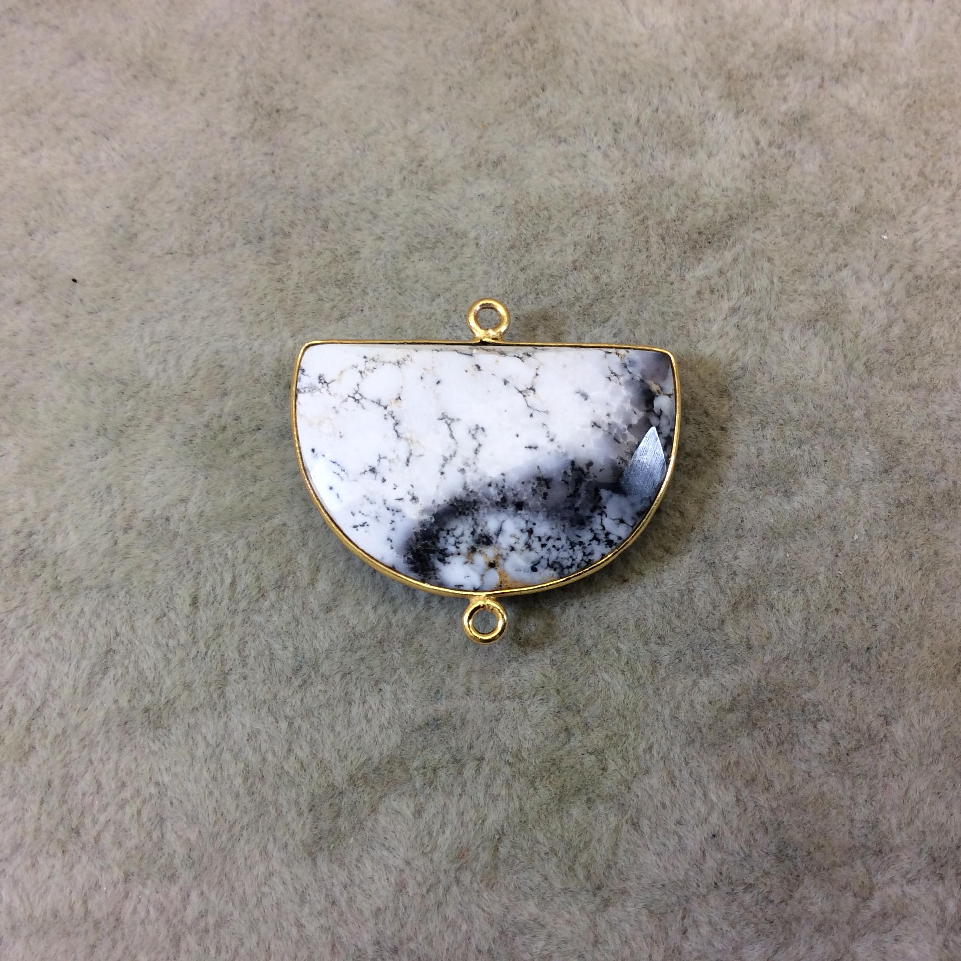 Gold Plated Faceted Gray/White Dendritic Opal Half Moon Shaped Bezel Connector - ~ 20mmx30mm - Natural Gemstone Sold Per Each, Random