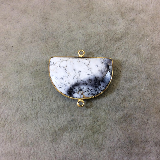 Gold Plated Faceted Gray/White Dendritic Opal Half Moon Shaped Bezel Connector - ~ 20mmx30mm - Natural Gemstone Sold Per Each, Random