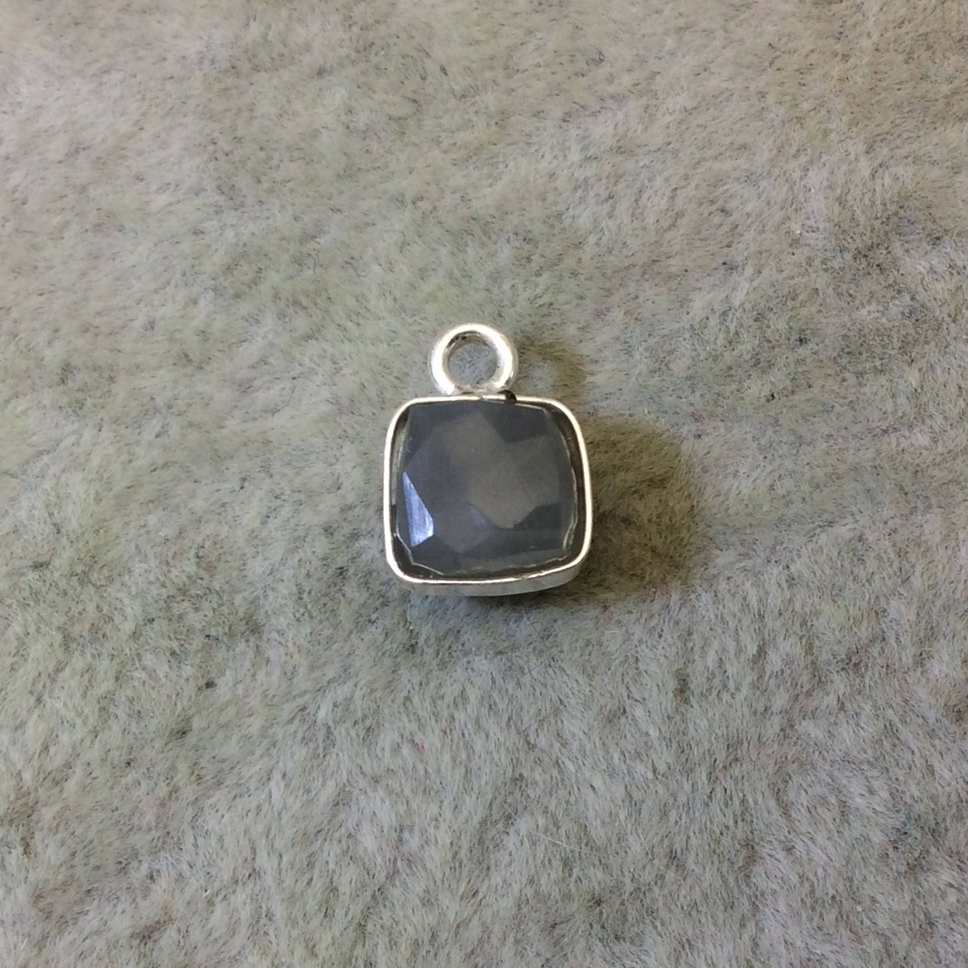 Silver Finish Faceted Gray Moonstone Cube/Square Shape Plated Copper Bezel Pendant - Measures 7-8mm - Natural Gemstone - Sold Individually