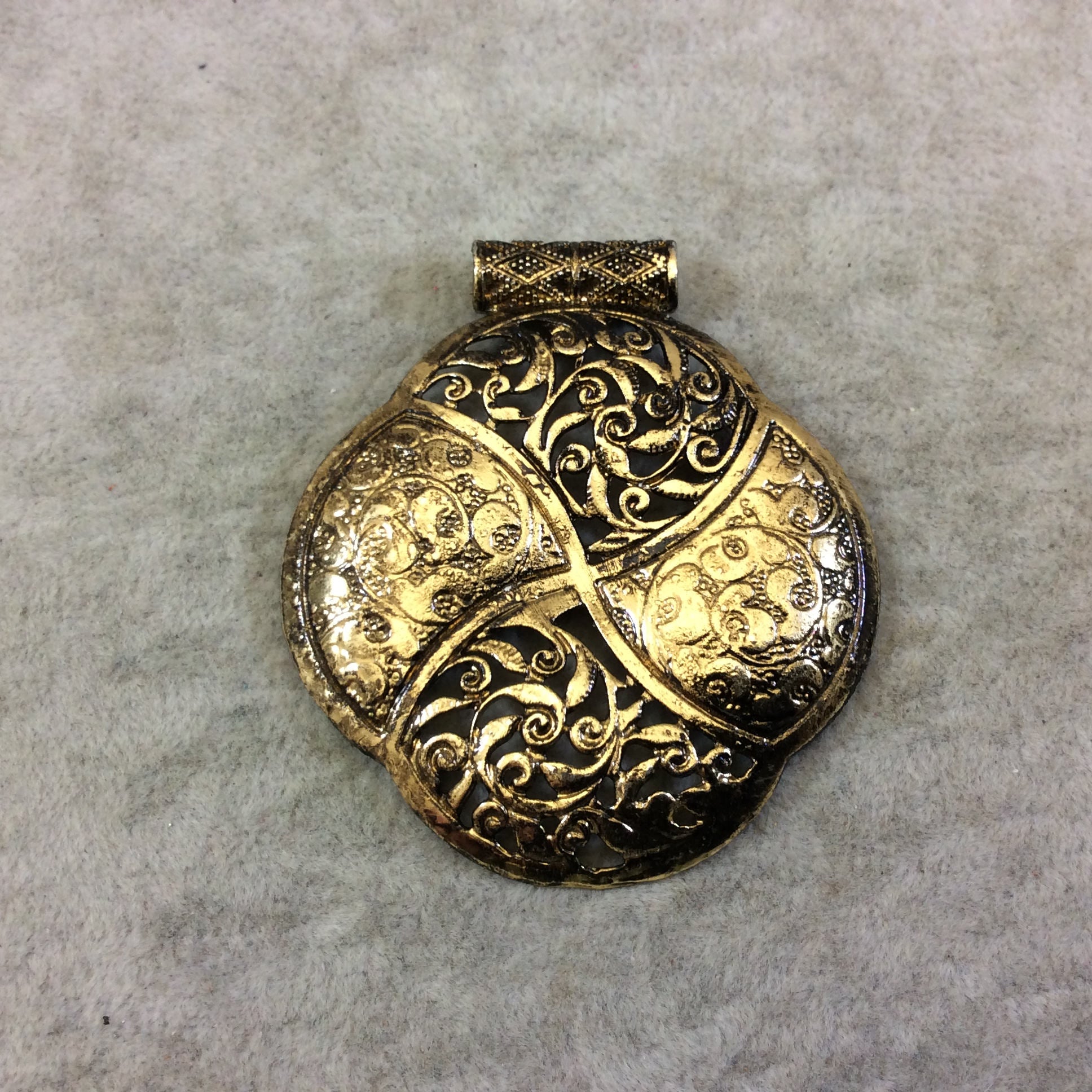 2" Oxidized Gold Plated Rustic Scalloped/Swirl Rounded Diamond Plated Copper Pendant With Attached Bail  ~ 54mm x  54mm Sold Per Each