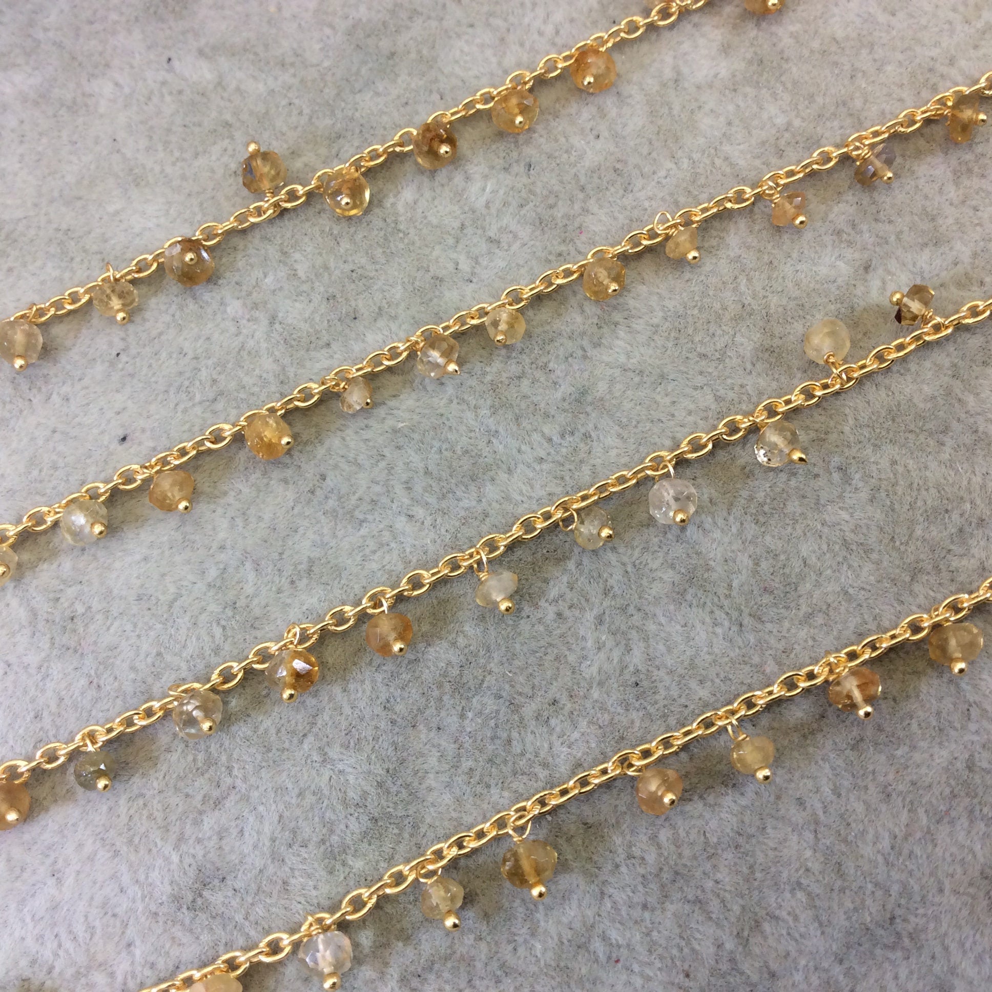 Gold Plated Copper Spaced Single Dangle Wrapped Chain with 3-4mm Golden Citrine Rondelle Dangles - Sold by 1 Foot Length! (SD036-GD)