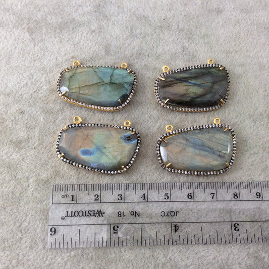Labradorite Bezel | Gold Finish Faceted CZ Rimmed Freeform Shaped Pendant/Connector Component - Measures 34mm x 19mm - Sold Individually