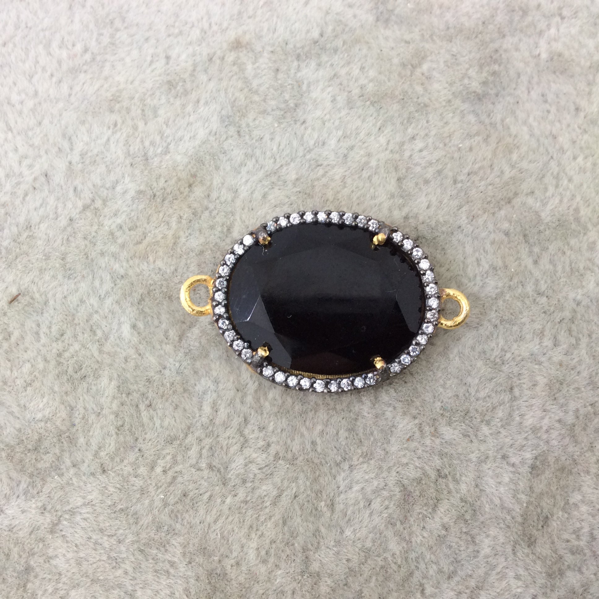 Gold Finish Faceted CZ Rimmed Black Onyx Oval/Oblong Shaped Bezel Connector - Measures 17mm x 22mm - Sold Individually