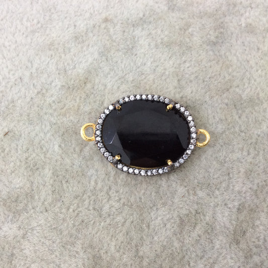 Gold Finish Faceted CZ Rimmed Black Onyx Oval/Oblong Shaped Bezel Connector - Measures 17mm x 22mm - Sold Individually