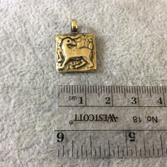 15mm x 15mm Oxidized Gold Plated Rustic Cast Deer/Pony Icon Copper Square Shape Pendant W Attached Ring  - Sold Individually (K-100)