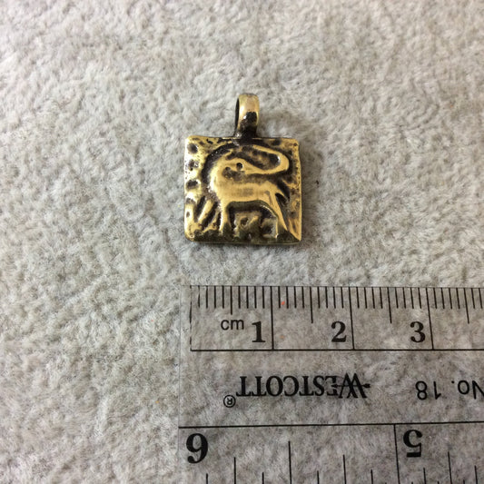 15mm x 15mm Oxidized Gold Plated Rustic Cast Standing Elephant Icon Copper Square Shape Pendant W Attached Ring  - Sold Individually (K-102)