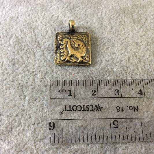 15mm x 15mm Oxidized Gold Plated Rustic Cast Standing Peacock Icon Copper Square Shape Pendant W Attached Ring  - Sold Individually (K-103)