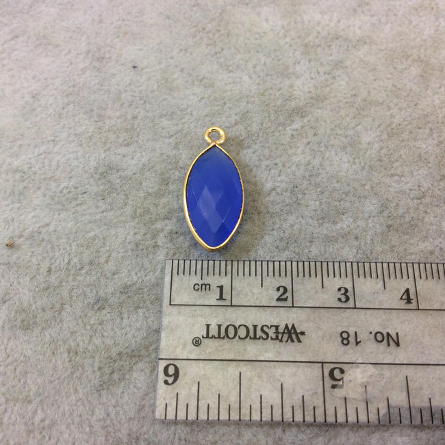 Gold Finish Faceted Denim Blue Chalcedony Marquise Shaped Bezel Pendant Component - Measuring 10mm x 20mm - Natural Gemstone