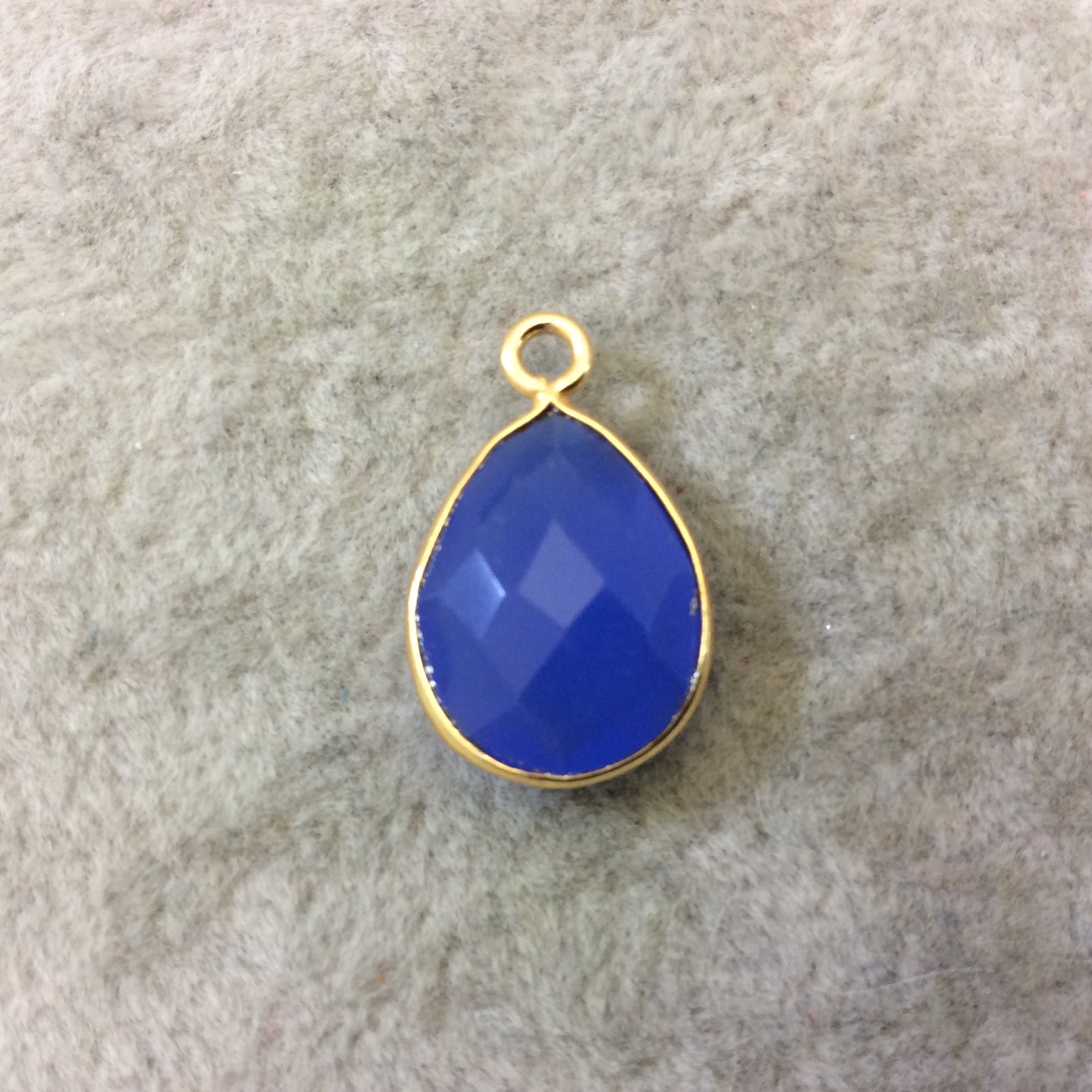Gold Finish Faceted Denim Blue Chalcedony Teardrop Shaped Bezel Pendant Component - Measuring 12mm x 16mm - Natural Semi-precious Gemstone