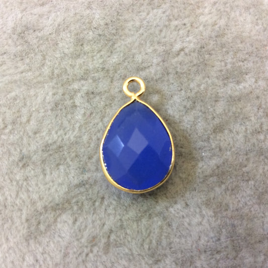 Gold Finish Faceted Denim Blue Chalcedony Teardrop Shaped Bezel Pendant Component - Measuring 12mm x 16mm - Natural Semi-precious Gemstone