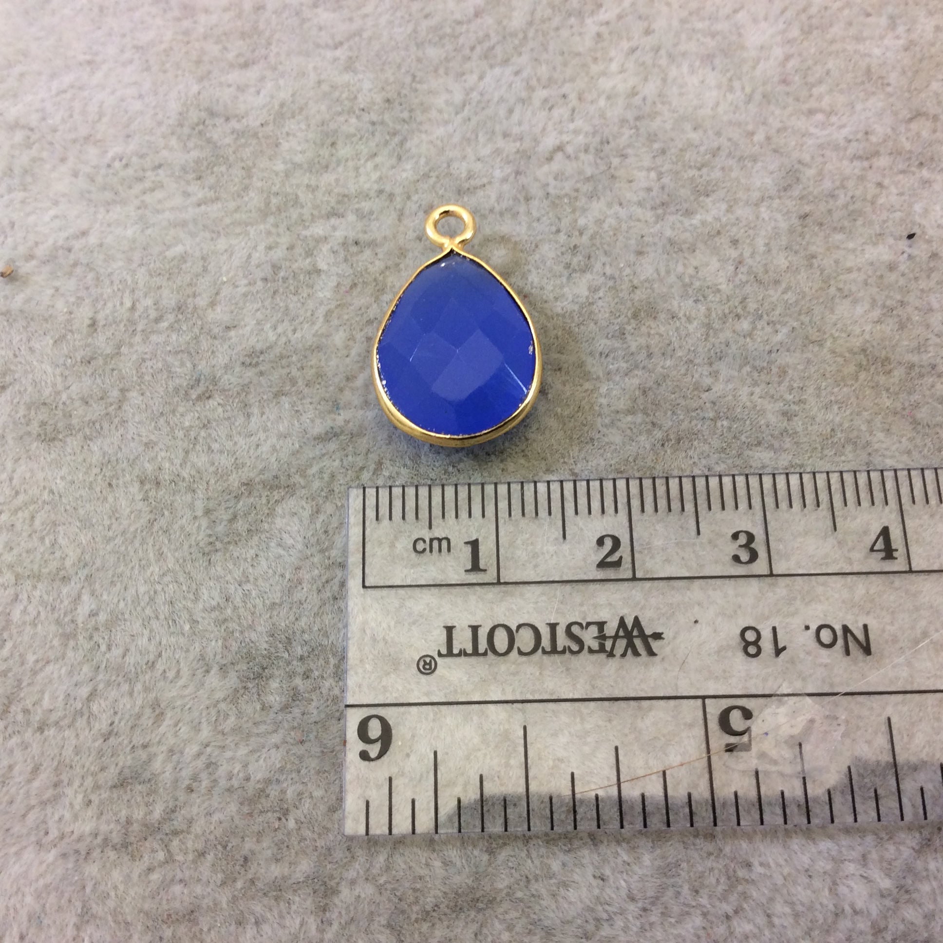Gold Finish Faceted Denim Blue Chalcedony Teardrop Shaped Bezel Pendant Component - Measuring 12mm x 16mm - Natural Semi-precious Gemstone