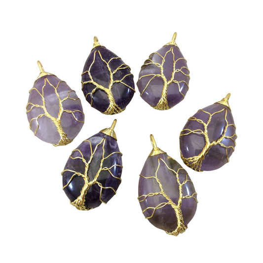 1.5" Gold Plated Copper Wire Wrapped Tree Focal Pendant with Amethyst  Stone - Measures 25mm x 30mm - Sold Individually, Chosen at Random