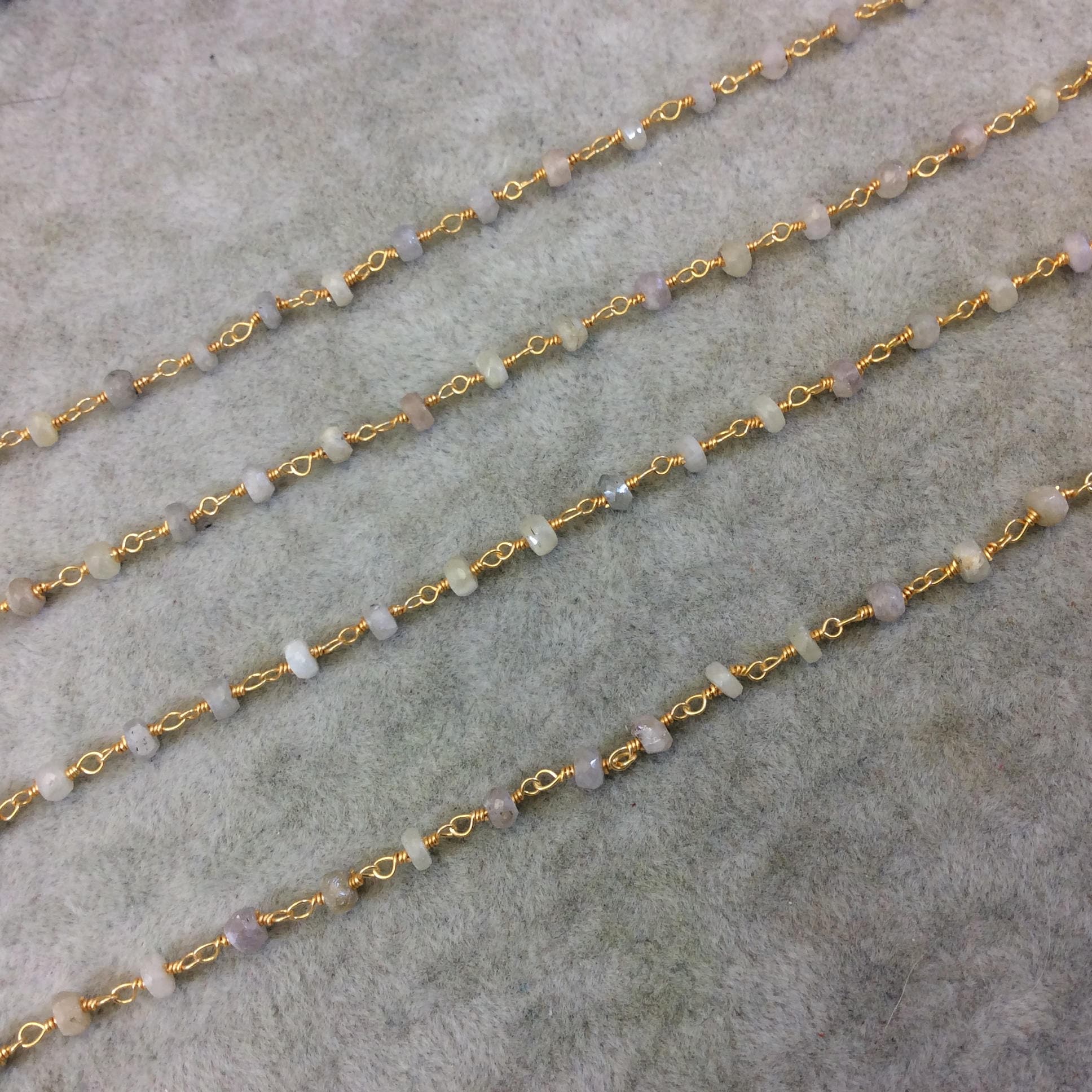 Gold Plated Copper Rosary Chain with Faceted 3mm - 4mm Rondelle Shape White Sapphire Beads - Natural Gemstone - Sold Per Foot (CH159-GD)
