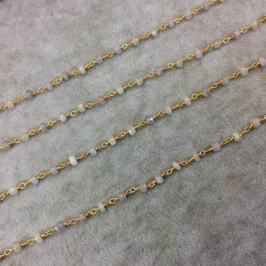 Gold Plated Copper Rosary Chain with Faceted 3mm - 4mm Rondelle Shape White Sapphire Beads - Natural Gemstone - Sold Per Foot (CH159-GD)