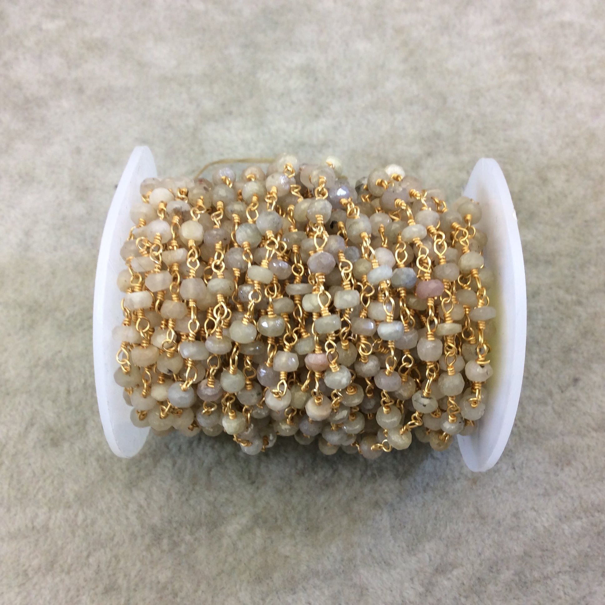 Gold Plated Copper Rosary Chain with Faceted 3mm - 4mm Rondelle Shape White Sapphire Beads - Natural Gemstone - Sold Per Foot (CH159-GD)