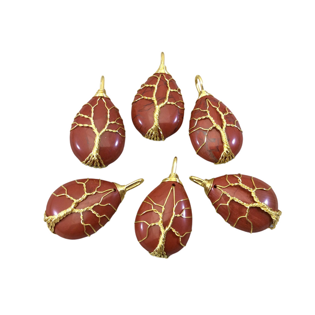 1.5" Gold Plated Copper Wire Wrapped Tree Focal Pendant with Red Jasper  Stone - Measures 25mm x 30mm - Sold Individually, Chosen at Random