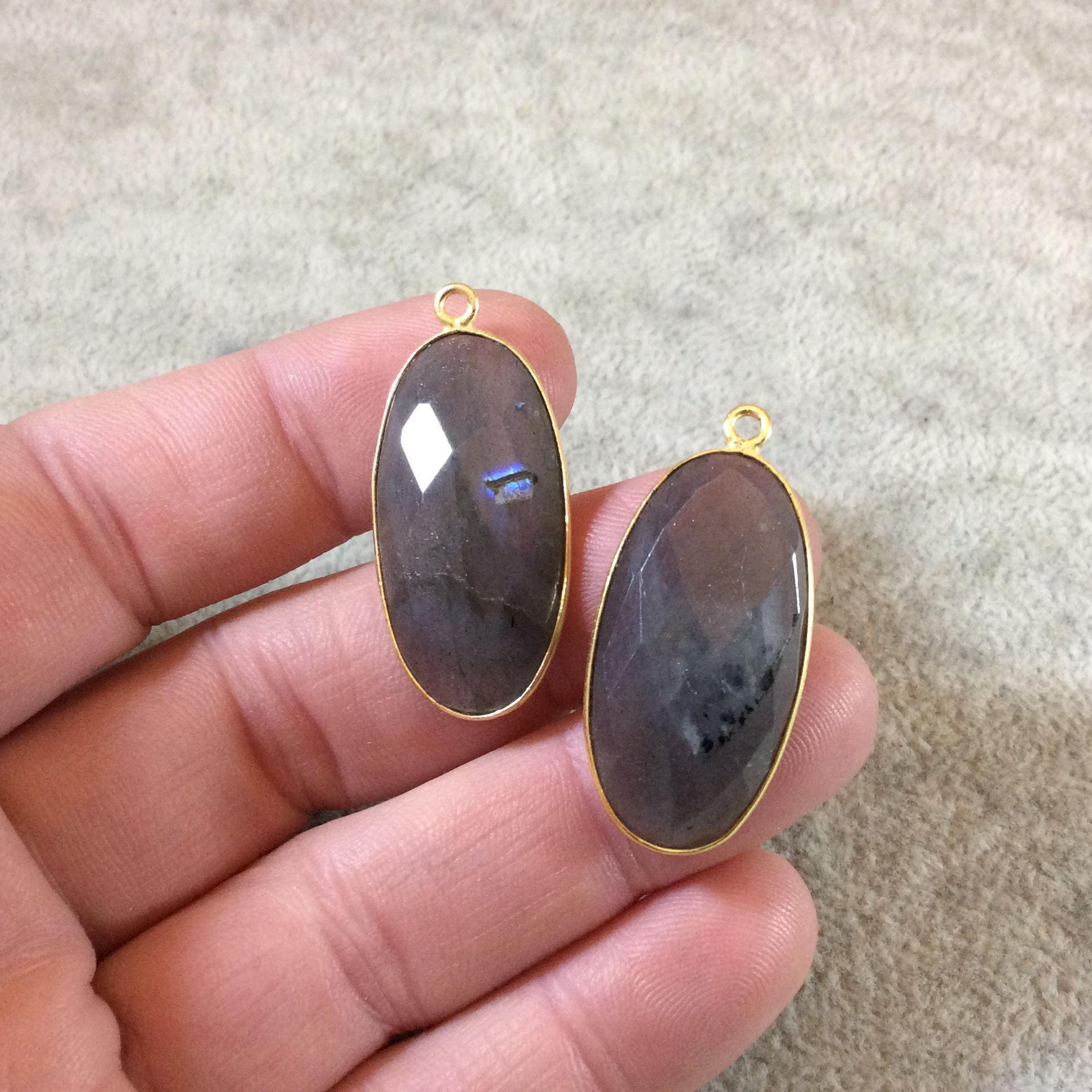 Labradorite Bezel | Natural Gemstone | One Pair of OOAK Gold Plated Faceted Flashy Oval Shaped "P7" Pendants - Measure  ~ 15mm x 30mm