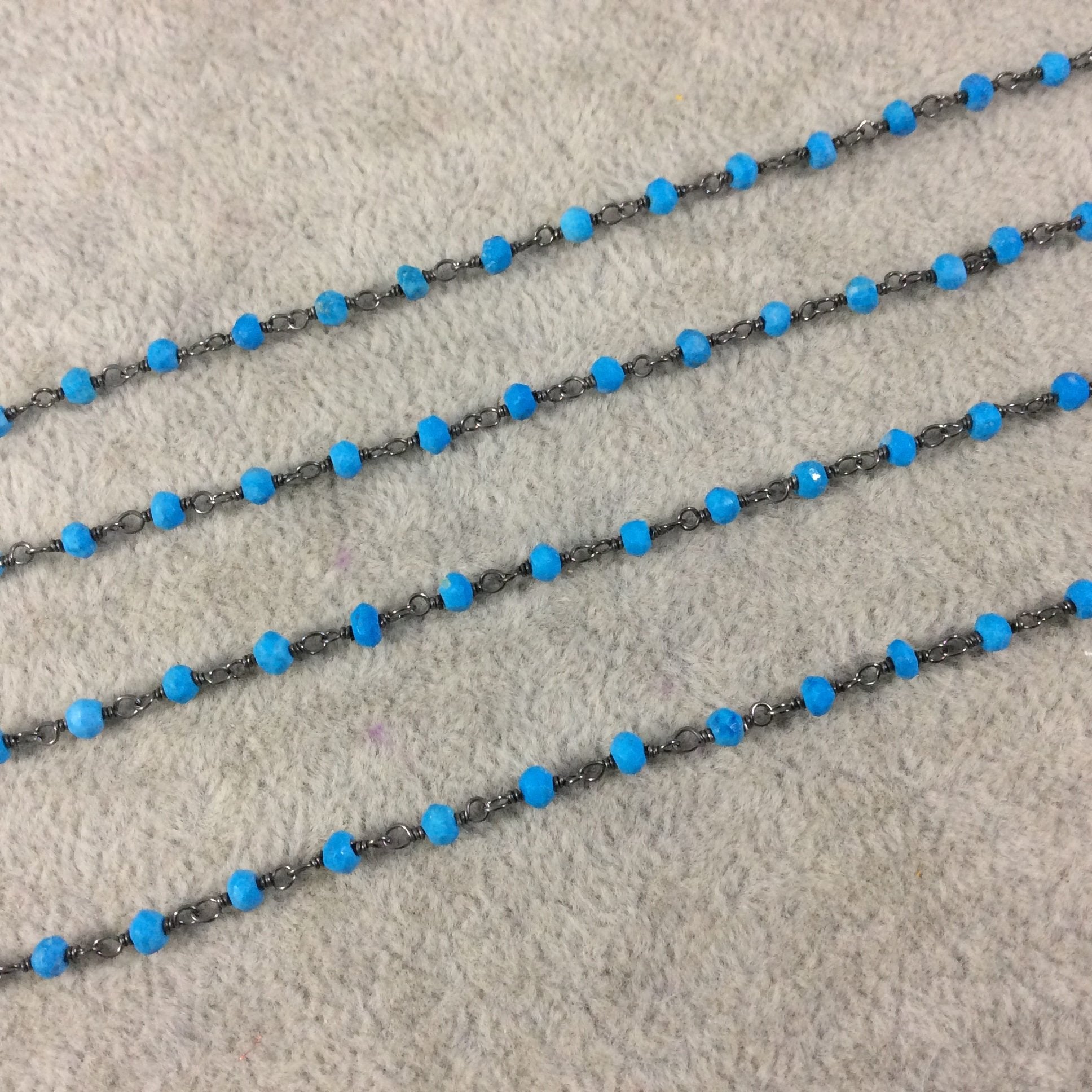 Gunmetal Plated Sterling Silver Wrapped Rosary Chain with 2-3mm Faceted Natural Turquoise Rondelle Shape Beads - Sold per Foot! (SS002-GM)