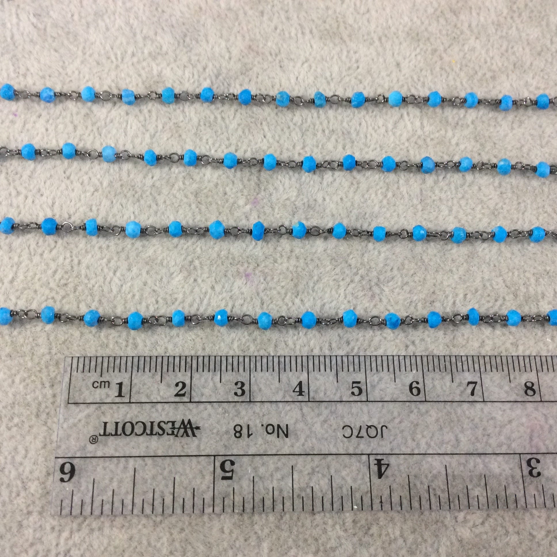 Gunmetal Plated Sterling Silver Wrapped Rosary Chain with 2-3mm Faceted Natural Turquoise Rondelle Shape Beads - Sold per Foot! (SS002-GM)