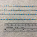 Gold Plated Sterling Silver Wrapped Rosary Chain with 2-3mm Faceted Natural Turquoise Rondelle Shape Beads - Sold per Foot! (SS002-GD)