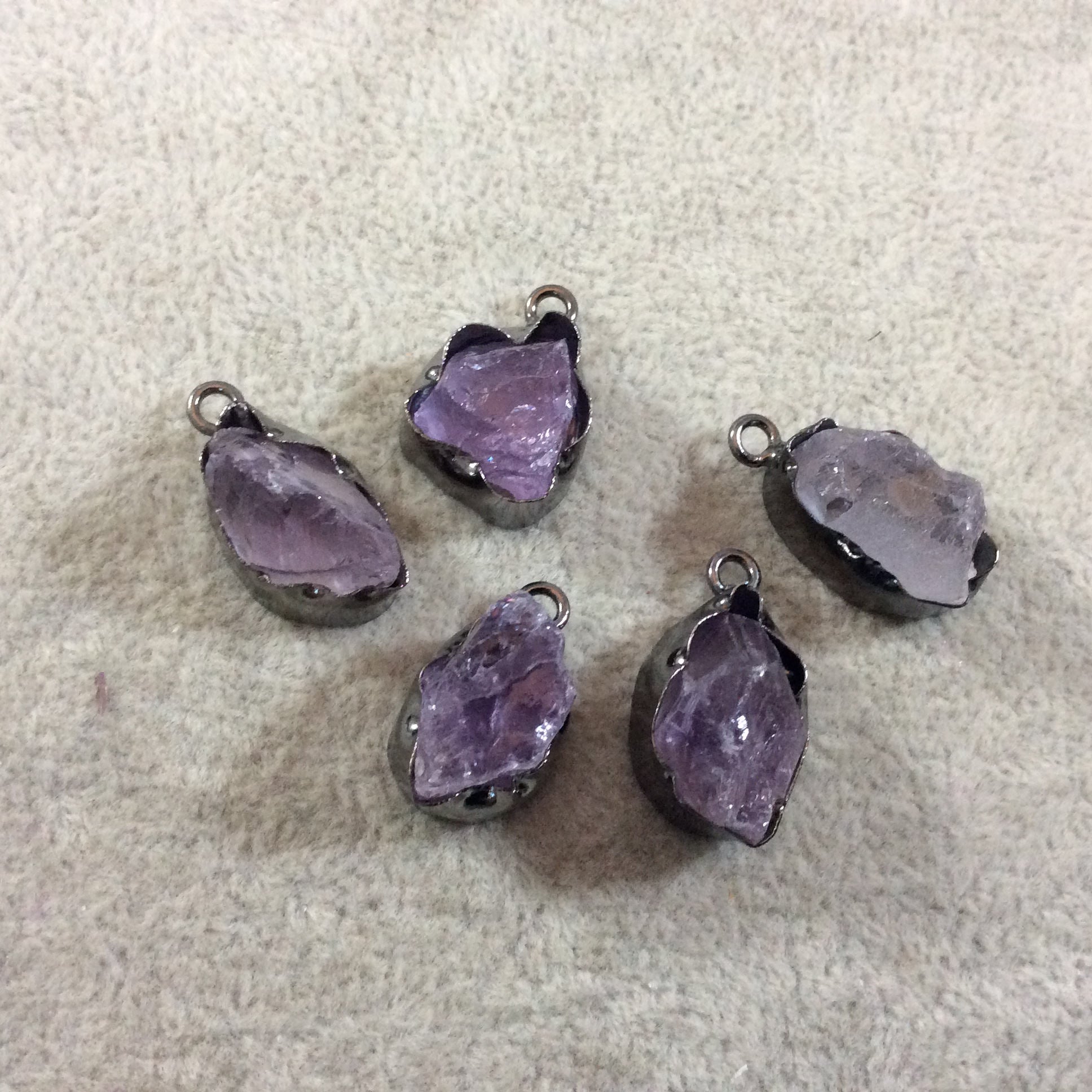 Gunmetal  Finish Small Raw Nugget Genuine Pale Amethyst Wavy Bezel Pendant - ~ 13mm - 15mm Long - Sold Individually, Selected Randomly